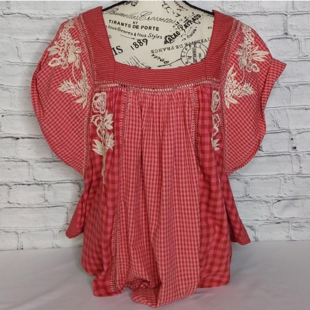 'FREE PEOPLE' 'BEĹĹA' EMBROIDED SQUARE-NECK PEASANT TOP FLUTTER-SLEEVE GINGHAM - Picture 10 of 16